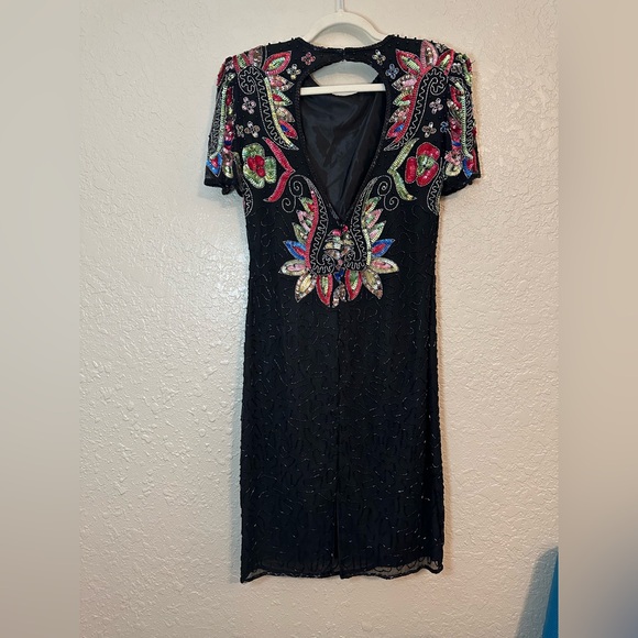 Vintage Black Beaded Sequin Cocktail Dress | Floral Art Deco Embellished Sheath - Picture 12 of 16